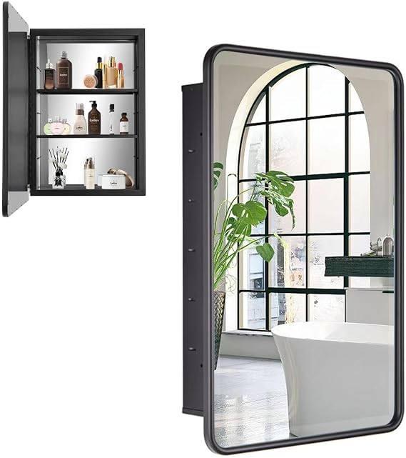 Black Bathroom Medicine Cabinet with Mirror 16 x 24 Metal Frame Recessed Or Wall Mounted Single Door Storage Medicine Cabinets with Adjustable Shelves Rounded Corner Beveled Mirrors