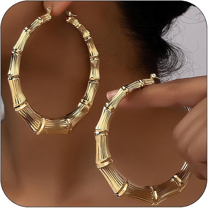 Bamboo Earrings for Women Gold Bamboo Hoop Earring Large Leopard Hoop Earrings 90s Large Gold Hoop Earring Trendy Hip Hop Jewelry for Women