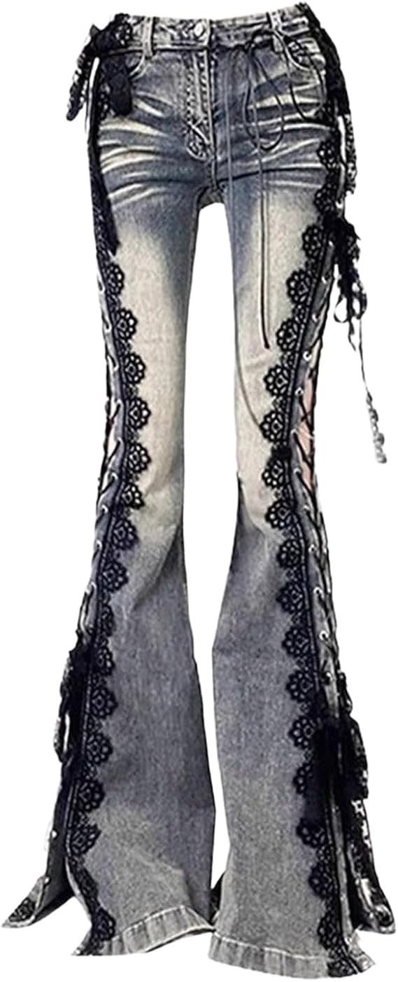 Women's lace up Flared Pants - Split Boot and Beard Design Y2K Gothic Punk Aesthetic Denim Pants