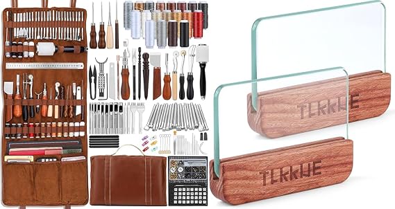 TLKKUE Leather Tooling Kit Leather Craft Tools Leatherworking Kit with Glass Slicker Custom Handbag Cutting Mats Engraving Punching Sewing Stamping Sanding Tools for DIY Working