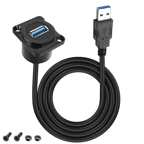 XMSJSIY D-Type USB Panel Mount to USB 3.0 Adapter Cable 5Gbps USB Type-A Male to Type-A Female Panel Mount Extension Cable USB A Port Charging Socket Connector for Data Transfer - 1M/3.2FT (D-Type)