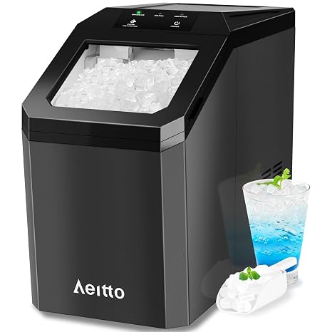 Aeitto Nugget Ice Maker Countertop, 55lbs/Day, Large Capacity Chewable Ice Maker, Rapid Ice Release in 5 Mins, Self-Cleaning with Stainless Steel Housing Ice Machine for Home Office and Party, Black
