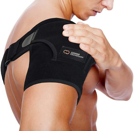 Copper Compression Recovery Shoulder Brace - Immobilizer for Torn Rotator Cuff, AC Joint Pain Relief, Dislocation, Arm Stability, Injuries, Tears - Adjustable Fits Men, Women - Black - S/M