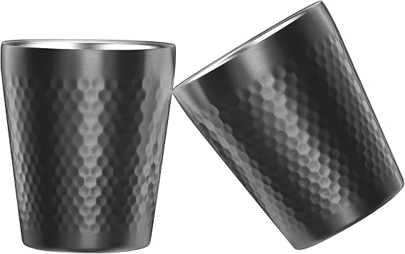Stainless Steel Cups 2 Packs 10oz/300ml Stackable Double Wall Insulated Metal Shatterproof Cups Titanium-Plated Diamond Textured Surface Heat Resistant Dishwasher Safe (Black)