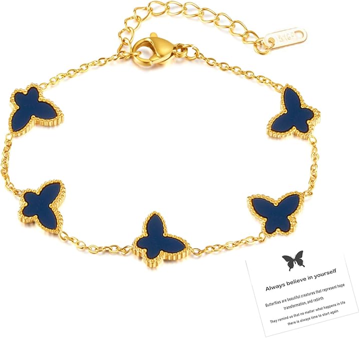 Lucky Butterfly Bracelet Designer Dupes, 18k Gold Plated Minimalism Double-Sided Mother Of Pearl Shell Dainty Adjustable Chain Bracelet For Women Fashion Jewelry Gift