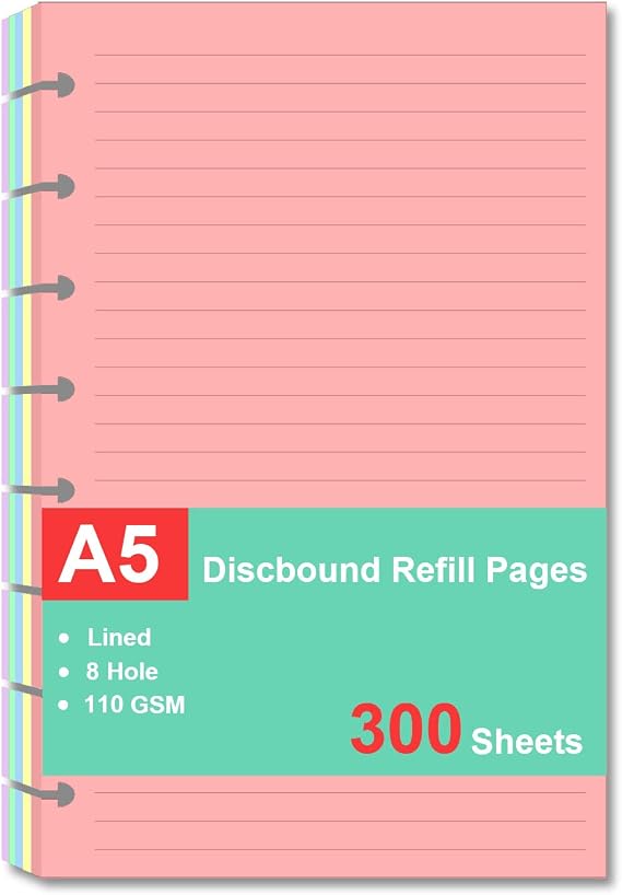 Junior Size Refills Paper, A5 Loose Leaf Paper for TUL Custom Note-Taking System Discbound Notebook Planner Inserts, 5 Colors(60 Sheets/C), Total 300 Sheets/600 Pages, College Ruled, 5.5 X 8.5 Inch