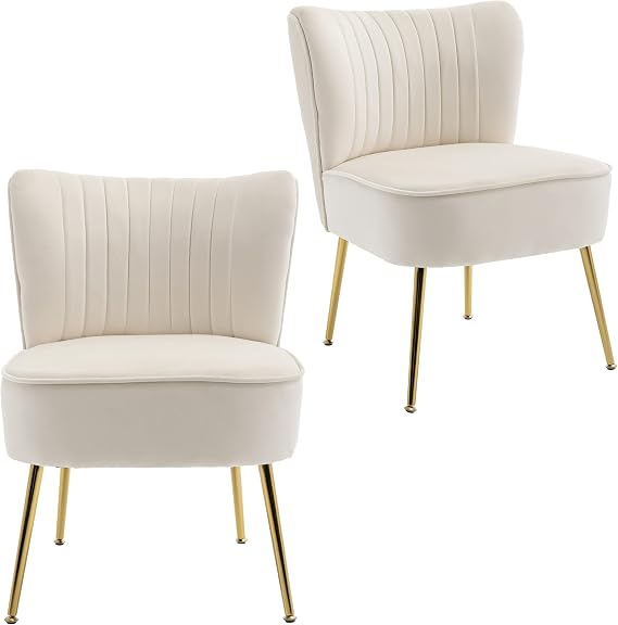 KCC Modern Velvet Accent Chair Set of 2,Side Chair for Bedroom,Beige | Upholstered Mid Century Living Room Chairs with Golden Legs,Comfy Armless Chair Wingback Single Sofa Side Chair