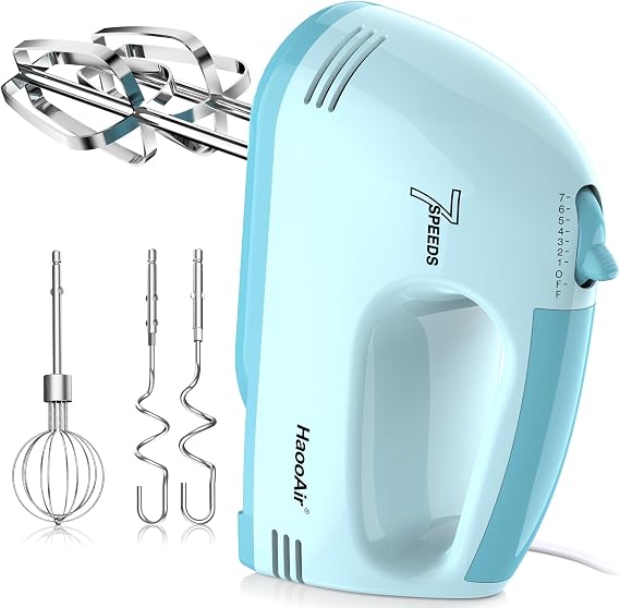 Electric Hand Mixer Compact 7-Speed Mixer Dishwasher Safe 304 Accessories (1 Whisk 2 Dough Hooks 2 Stirrers) Mixes Various Ingredients Beginners and Bakers