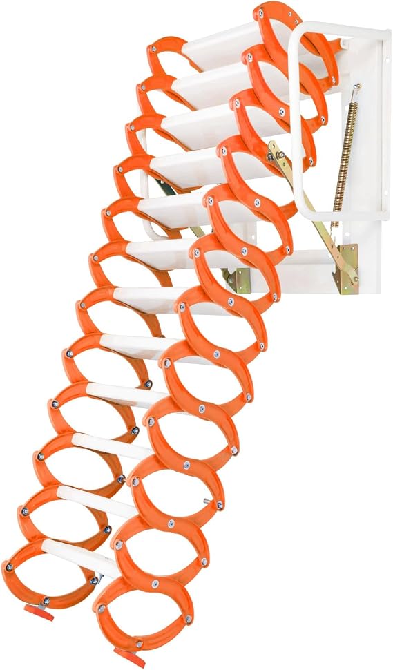 Folding Attic Ladder Pull Down System with Anti-Slip Steps & Handrails, 12-Step Wall-Mounted Loft Ladder, 880lbs Load Capacity, 10ft Al-Mg Alloy Retractable Attic Stairs for Indoor/Outdoor Use