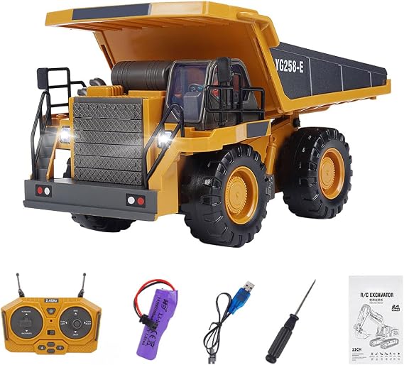 Remote Control Truck, 1/24 Scale Alloy RC Mining Dump Truck - 2.4G 9-Channel Remote w/Lifting Bed, Realistic Lights & Sounds, Christmas Birthday Gift