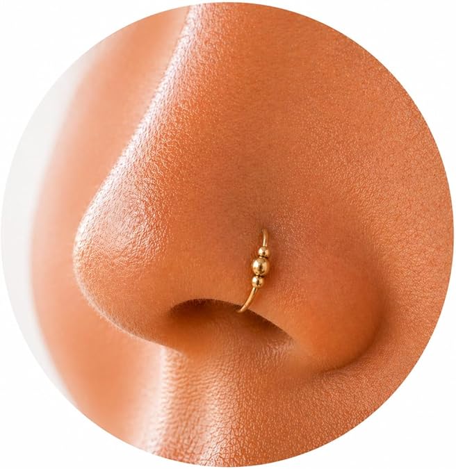 Gold Nose Ring - Thin Tiny 24 Gauge 7mm Beaded Nose Hoop Ring - 14k Gold Filled Nose Rings For Women - Small Handmade Nose Piercing Jewelry - Gift Ready