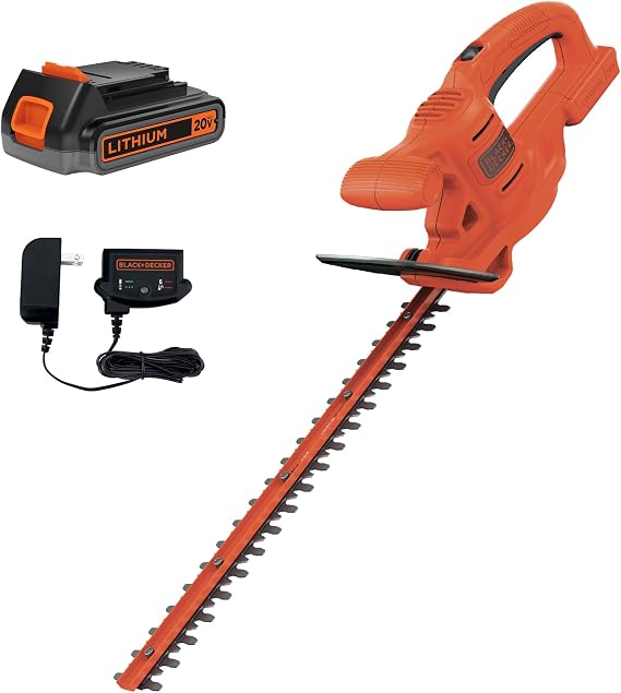 BLACK+DECKER 20V MAX Hedge Trimmer Cordless, 18 inch Blade, (1) Battery and Charger Included, Light Weight Reduced Vibration, Bush Trimmer Hedger (LHT218C1)