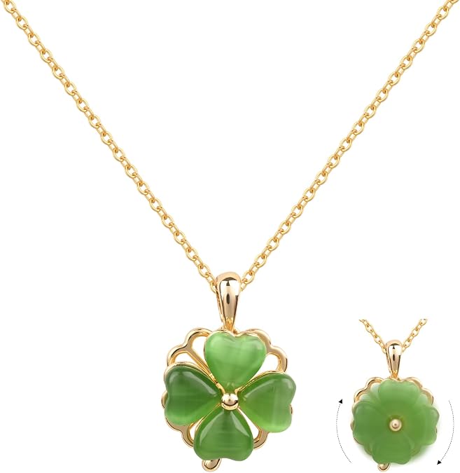 14K Gold Plated Four Leaf Clover Jade Necklace for Women