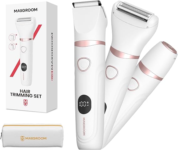 Bikini Trimmer for Women, Electric Razors Waterproof Cordless Rechargeable MAXGROOM 3 in 1 Pubic Hair Trimmer Women, LED Display, Electric Bikini Razor for Ladies Pubic, Body, Face, Legs (White)