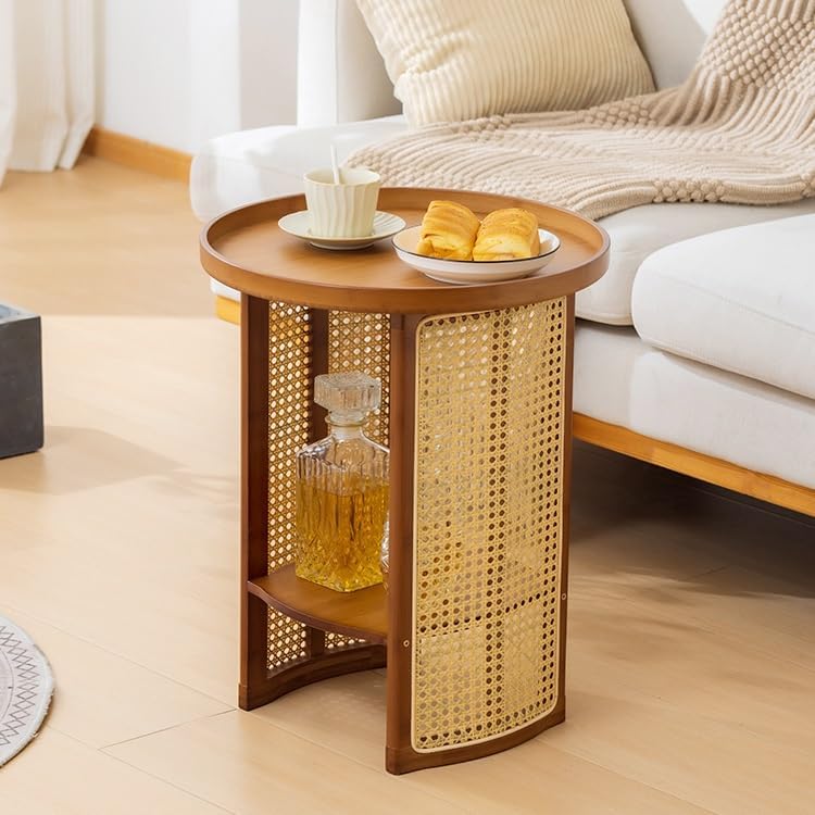 Rattan Coffee Table, Round End Table, Small Bamboo Living Room Side Table, 2 Tier Snack Sofa Side Table, Bedside Table, for Living Room BalconyBrown,45cm