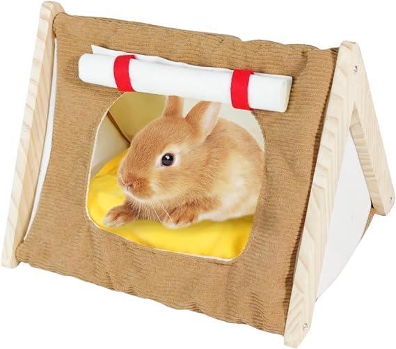 Rabbit Tent Wood Guinea Pig Hideout Large with Curtain & Cushion Easy to Assemble Small Animal House Cage Accessories for Pet Bunny, Ferret, Rat, Chinchilla, Squirrel (Brown, Large)