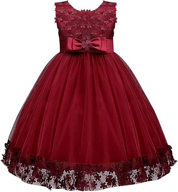 Kids Girls Rose Flower Lace Short A line Party Dress Knee Length Wedding Princess Tulle Tutu Formal Prom Evening Ball Gown