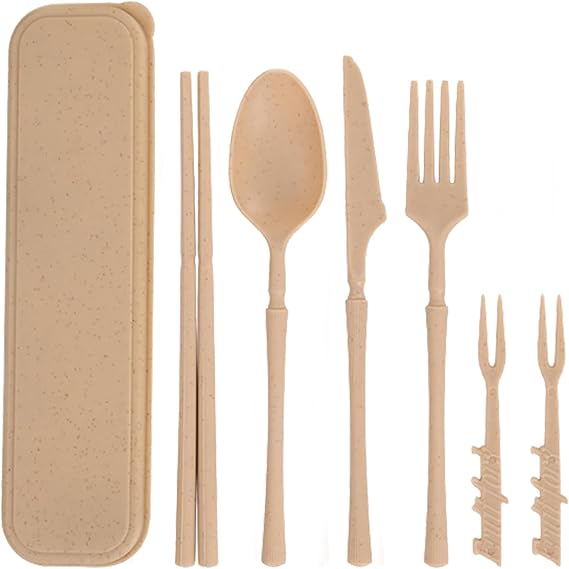 Reusable Travel Utensils with Case, Wheat Straw Fork Spoon Knife Chopsticks