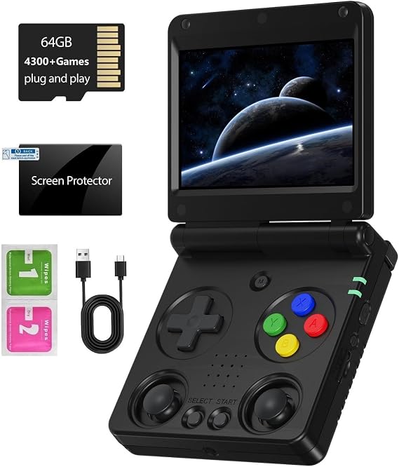 Anbernic RG34XXSP Foldable Retro Handheld Game with 3.4 Inch IPS Screen Linux System Built-in 64G TF Card 5000+ Games Handheld Emulator Support 5G WiFi Bluetooth TV Output(Black)