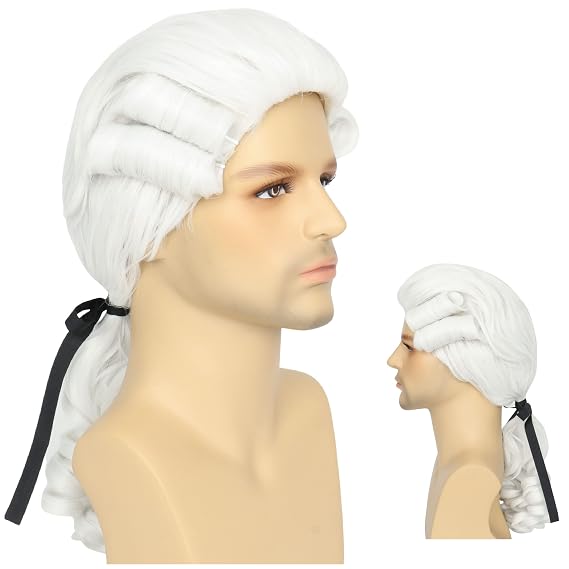 Yan Dream Mens White Colonial Powdered Wig 18th Century Judge Costume Wigs