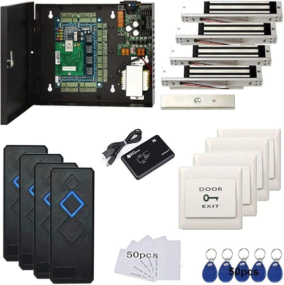 4 Door Access Control System with 600lbs Magnetic Lock Entry Access Control Panel 110V Power Supply Box RFID Reader Exit Button Enroll USB Reader RFID Card Key Fob APP Remote Open Lock