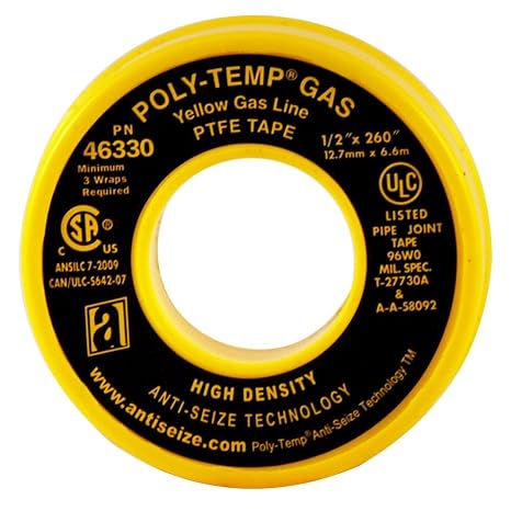 Anti-Seize Technology 46330 Yellow PTFE Poly-Temp Extra Heavy Duty Gas Line Tape, 260" Length, 0.5" Width (Pack of 5)