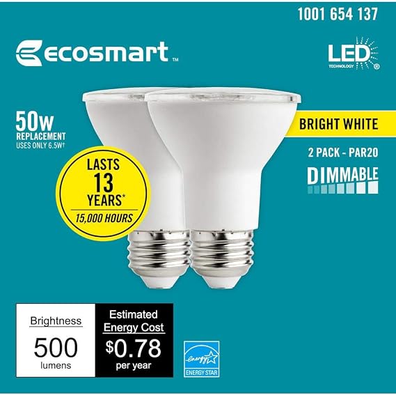 EcoSmart 50-Watt Equivalent PAR20 Dimmable Energy Star LED Light Bulb Bright White (2-Pack)