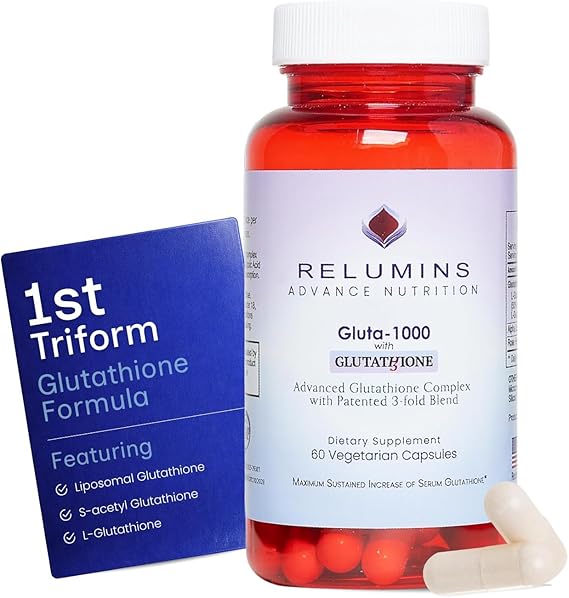 Relumins Advanced Patented Tri-Form Glutathione Complex 1000 mg - Fast-Absorb L-Glutathione, S-Acetyl & Liposomal + Alpha-Lipoic Acid & Rose Hips - Made in USA