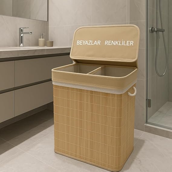 Modern Bambu Beyazlar/renkliler Ayrı Bölmeli Çamaşır Kirli Sepeti 52X32X60CM 100 Litre Büyük Boy (Sarı)