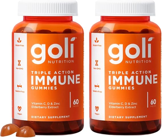 Goli Triple Action Immune Gummies with Vitamin C, D, Zinc - Elderberry Extract, Echinacea, Turmeric, Ginger - Vegan, Non-GMO, Gluten-Free - 120 Count (Pack of 2)
