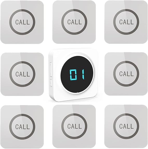 ALIBELL Wireless Call System Waiter Call System Restaurant 8 waterproof pagers and 1 number display receiver - ideal for catering and cafes - long range call system