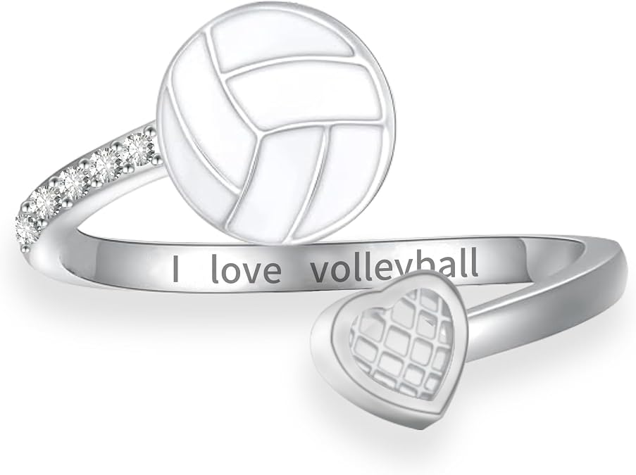 925 Sterling Silver Softball Basketball Volleyball Ring Adjustable Softball Ring Basketball Rings Sport Jewelry Gifts for for Women Mom Lover Player Team
