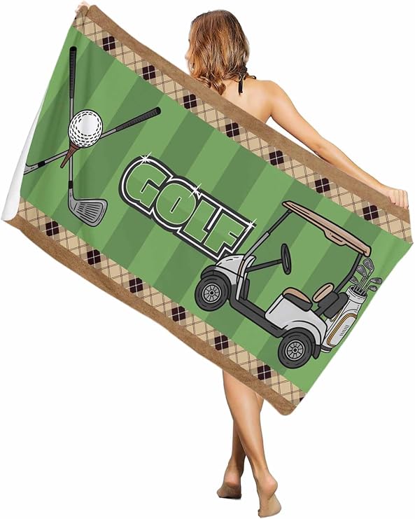 Golf Cart Beach Towel - 35x71 Inch Sand Proof Water Absorbent Travel Towel for Adults, Golf Clubs with Green Vertical Stripes Quick Dry Pool Towel Travel Camping Blanket for Yoga Bathroom