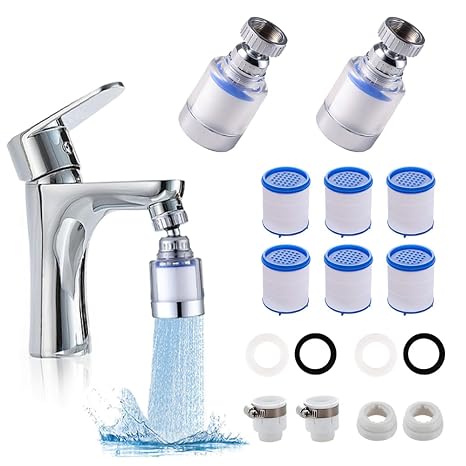 Pack of 2 Water Filter Tap 360° Rotatable Tap Filter with 6 Pieces PP Cotton Filter Element Tap Filter for Home Suitable Sink Kitchen Bathroom