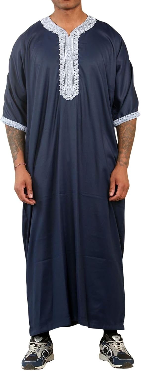Mens Navy Moroccan Thobe Short Sleeve Gandoura Blue Embroidery Kaftan