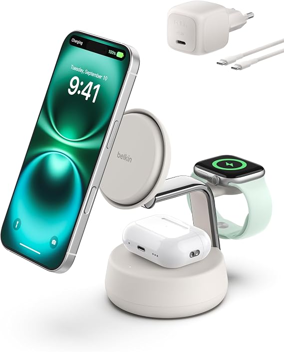 Belkin UltraCharge Pro MagSafe Uyumlu 3’ü 1 Arada Qi2 25W Kablosuz Şarj Cihazı, iPhone 17, Apple Watch, AirPods, Pixelsnap, Seyahat ve Masaüstü Standı, 45W Adaptör, Kum Rengi