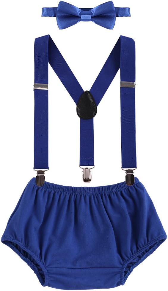 Baby Boys Cake Smash Clothes Diaper Suspenders Pants Bow Tie 3PCS Set First 1st 2nd Birthday Outfit for Photo Prop Party