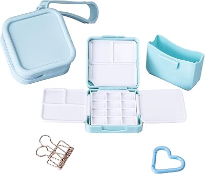 WTYONZEL Travel Pocket Watercolor Set, Artist Outdoor Sketch Kits with 24 Well Palette,3 Foldable Palettes,Clip-on Washing Bucket,Silicone Bag,Ideal for Outdoor Sketch ArtistsBlue