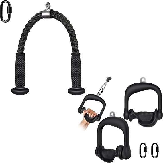 Kipika Tricep Rope & D Handle Cable Attachment Bundle - Heavy Duty Nylon Rope & Ergonomic Grips for Cable Machines, Home Gym Accessories