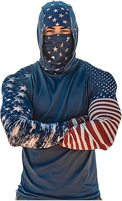 Mens Hooded UPF 50 Sun Protection with Mask Athletic Fishing Shirts USA Flag Rash Guards T Shirts Long Sleeve