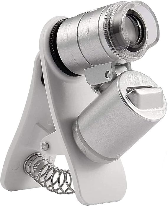 Multibao 60X Zoom Microscope, Mini Fixed Mobile Phone Microscope, Magnifying Glass with LED Light and UV Money Detector Function, Suitable for Smartphones, iPhones, and Tablets