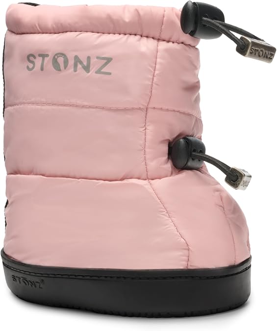 Stonz Water-repellent Puffer Booties booties for Kids, designed to stay on over shoes in extremely cold conditions, ensuring little feet stay warm and dry.