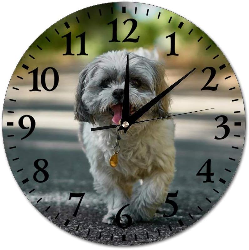 Wall Clocks White and Black Shih Tzu Round Glass Wall Clock, Wall Decor Clocks for Kitchen, Office, Retro Hanging Clock, Home Decor Accessories