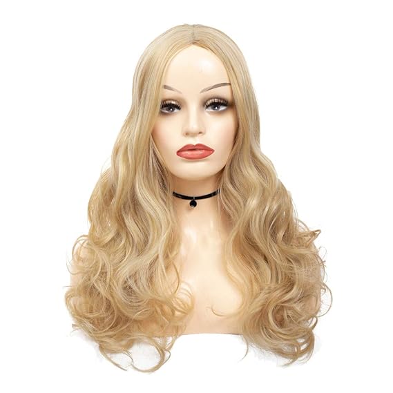 XZEN Fashion Girls Long Curly Wavy Wig Split Hairstyle Wig Golden Wig European And American Popular Daily Wig