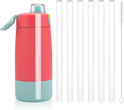 6 Pcs Replacement Straws for Ello Cups, Reusable Plastic Straws with Cleaning Brush for Ello Kids Colby 12oz Stainless Steel Insulated Water Bottle(Free BPA)
