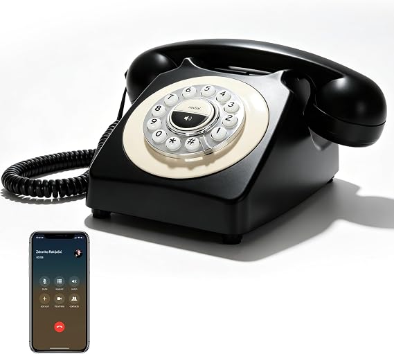 Retro Bluetooth Landline Phone with Handset & Hands-Free, Classic Vintage Desk Phone for Home & Office, Music Playback, Voice Assistant, Vintage Bluetooth Phone Compatible with Android & iOS (Black)