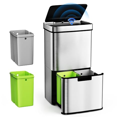 Gardtech Kitchen Bin with Sensor 62 Litres Automatic Stainless Steel Waste Bin with 3 Compartments Waste Separation System & Soft Close Lid Odour-Proof & Hygienic Volume of 2 x 12.5 L and 37 L for