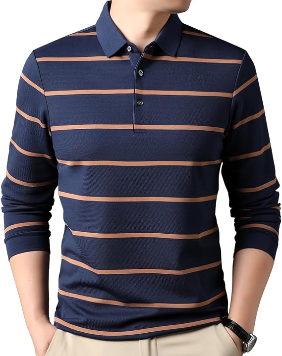 Mens Casual Button Up Striped Long Sleeve Collared T Shirt Polo Shirts