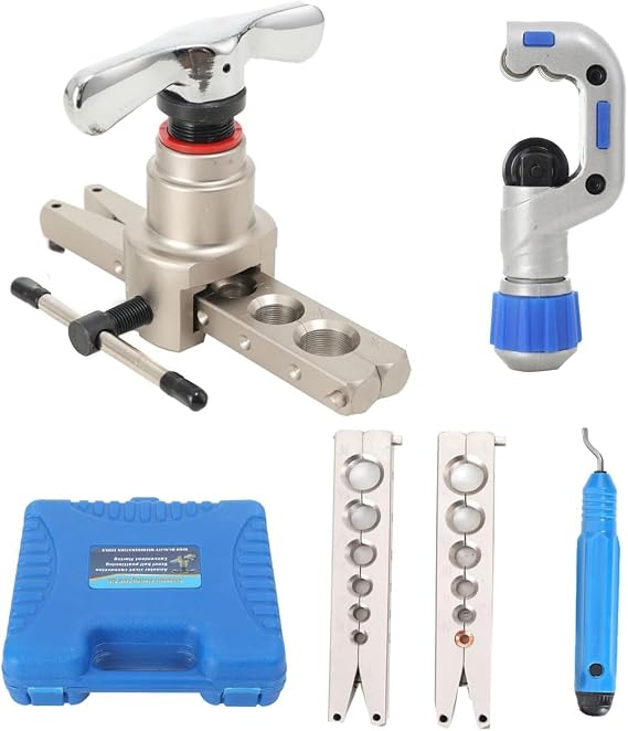 HVAC Flaring Tool Kit 1/4in - 3/4in/6-19mm Single Flare Tool 45 Eccentric Type Manual Tubing Flaring Tool Kit with Clutch, Pipe Cutter, Deburring Tool (5 in 1 Kit)