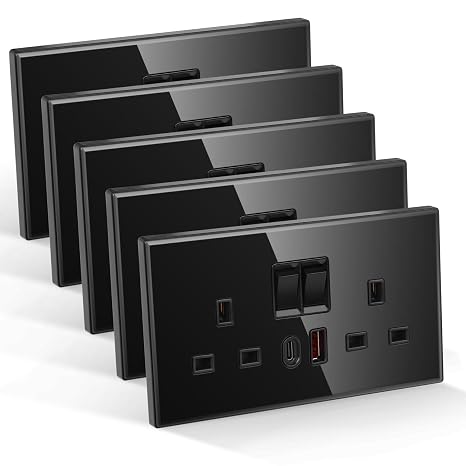 CNBINGO Double Switched Socket with 20W PD USB C and A Fast Charging Ports, Electric Power Sockets 2 Gang 13 Amp, Black Tempered Glass Panel Wall Outlet, 5 Pack | 20W PD Typ-C and USB-A Fast Charging Ports, Electric Socket with Power Switch, 2 Gang 13 Amp Wall Outlet, DIY install